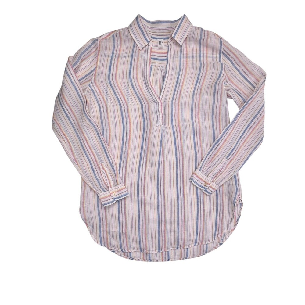 Gap 100% Linen Boyfriend Tunic Shirt Pastel Multi Stripe Long Sleeve M